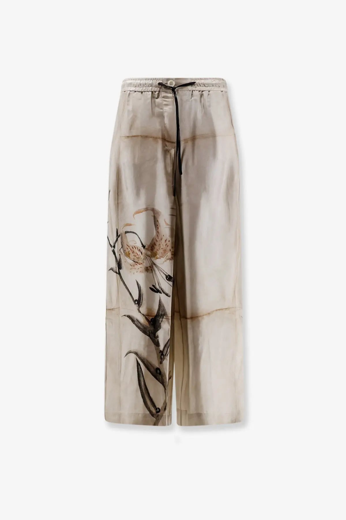 Beige satin wide-leg silk trousers by pierre-louis mascia featuring delicate brown and black botanical print