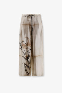 Beige satin wide-leg silk trousers by pierre-louis mascia featuring delicate brown and black botanical print