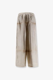 Pierre-Louis Mascia women’s silk beige wide-leg trousers with subtle tie-dye pattern and elastic waistband