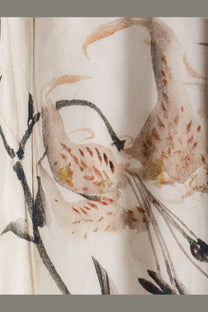 Pierre-Louis Mascia women’s silk trousers in white with delicate cream fabric and soft watercolor bird and branch print