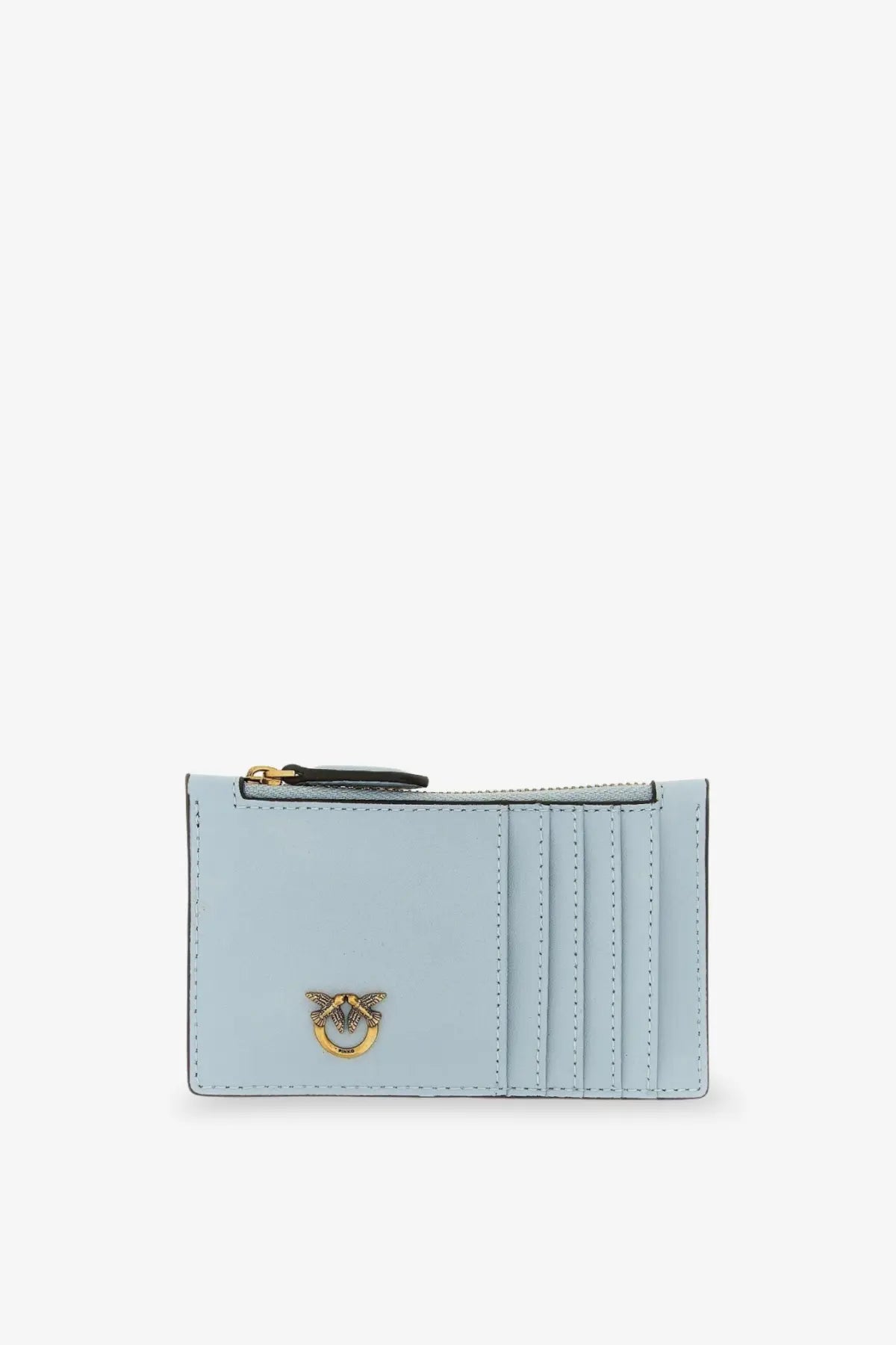 Light blue leather card holder with gold-tone bird logo and black zipper pull from Pinko Women’s Airone collection