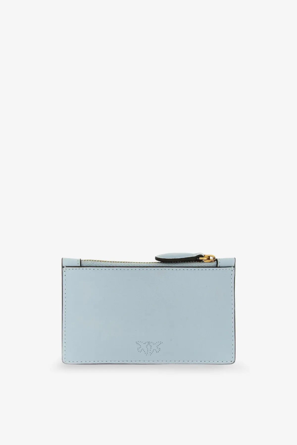Light blue leather card case with gold-tone zipper and embossed logo from Pinko women’s airone collection