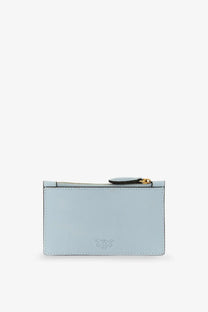 Light blue leather card case with gold-tone zipper and embossed logo from Pinko women’s airone collection
