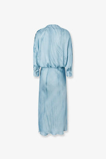 Pinko women’s Aislin viscose dress in light blue satin with gathered waist and long sleeves