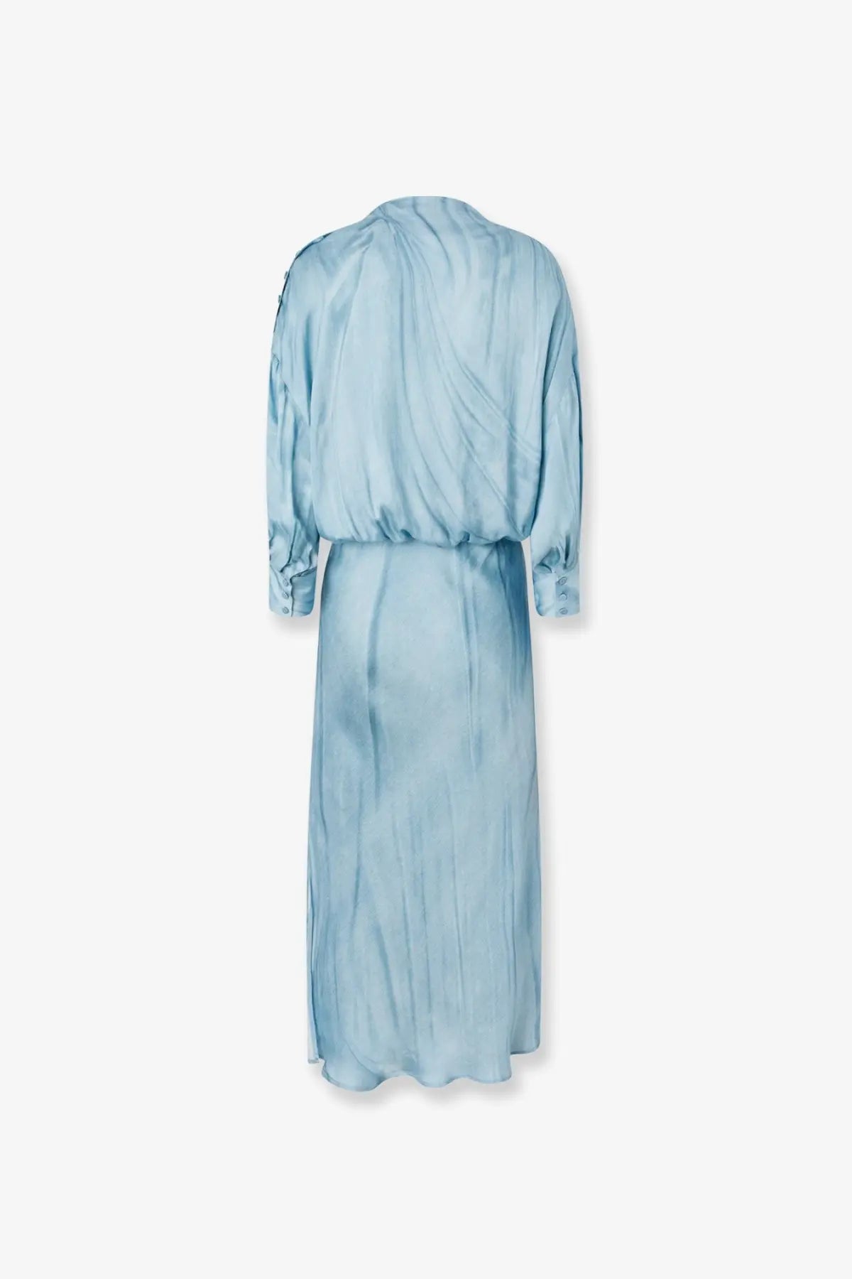 Pinko women’s Aislin viscose dress in blue with flowing light blue satin, gathered waist, and long sleeves