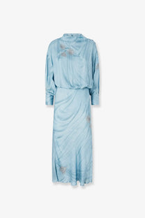 Pinko women’s Aislin viscose dress blue light blue satin high neckline long sleeves floral embroidery