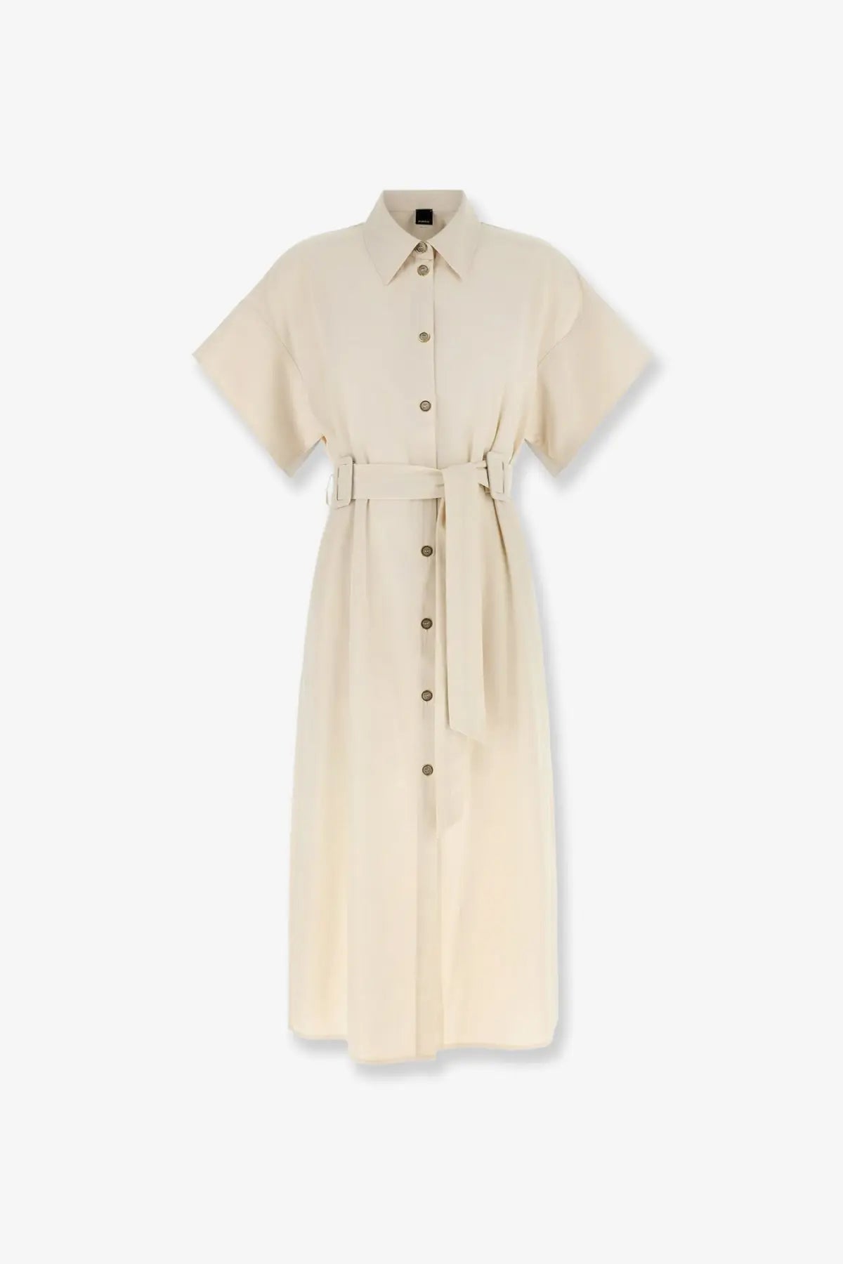 Beige Pinko womens Alesha chemisier cotton button-down shirt dress with short sleeves and matching belt