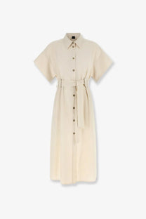 Beige Pinko womens Alesha chemisier cotton button-down shirt dress with short sleeves and matching belt