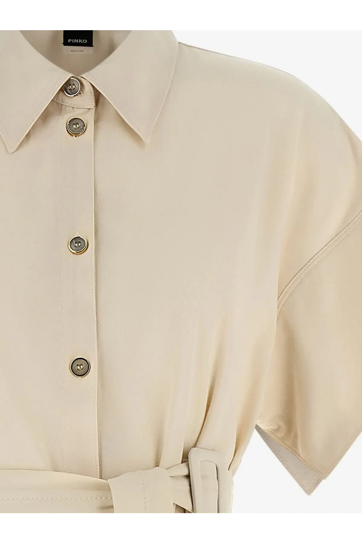 Pinko women’s Alesha beige cotton chemisier dress with short sleeves collar matching belt and metallic buttons