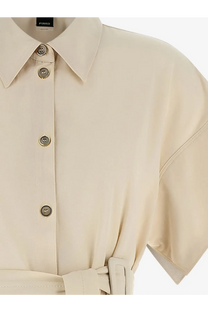 Pinko women’s Alesha beige cotton chemisier dress with short sleeves collar matching belt and metallic buttons