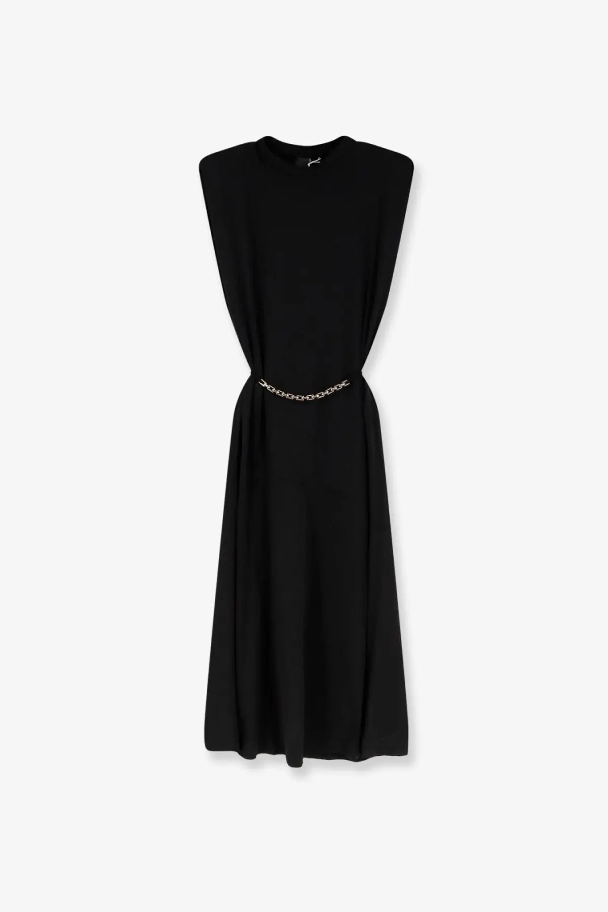 Pinko women’s alexiana black jersey sleeveless dress with a silver chain belt for stylish casual wear