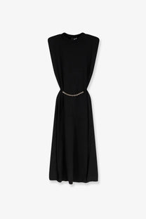 Pinko women’s alexiana black jersey sleeveless dress with a silver chain belt for stylish casual wear