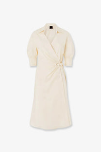 Pinko womens aline stretch cotton cream-colored wrap dress with collar three-quarter sleeves and tied waist belt