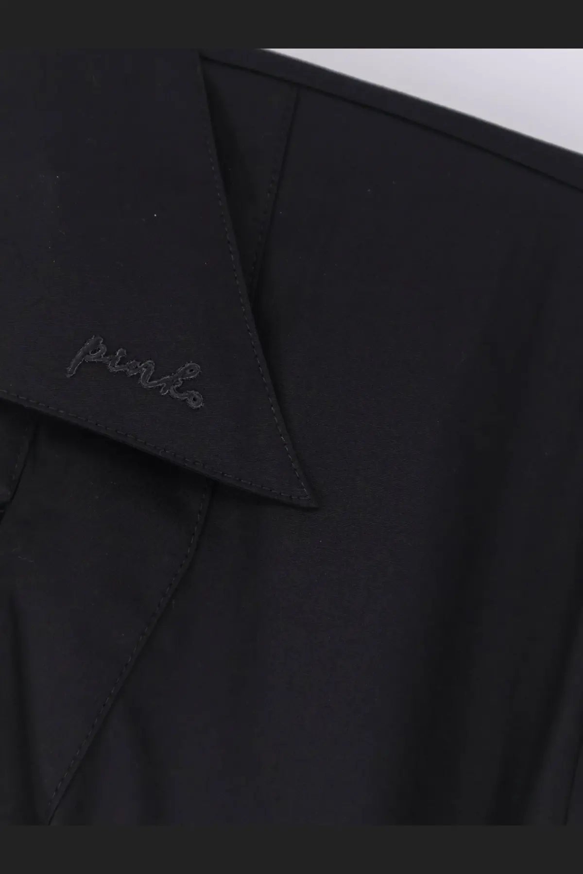 Black pinko aline stretch cotton dress with subtle embroidered logo on the collar in black