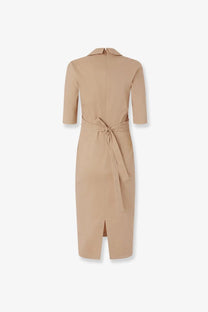 Pinko women’s allyson beige knee-length dress with collar three-quarter sleeves and self-tie belt in linen and viscose