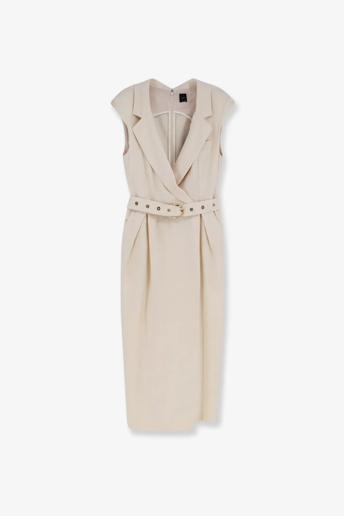 Pinko women’s amandine viscose dress beige sleeveless blazer style with belted waist and structured collar