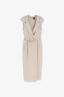 Pinko women’s amandine viscose dress beige sleeveless blazer style with belted waist and structured collar