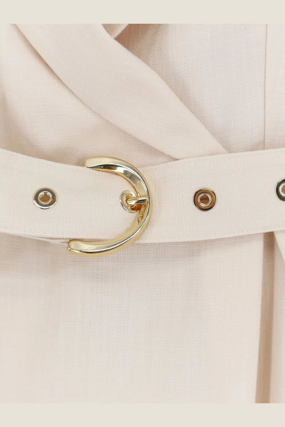 Cream-colored woven belt with gold-toned buckle and metallic eyelets for pinko women’s amandine viscose dress white