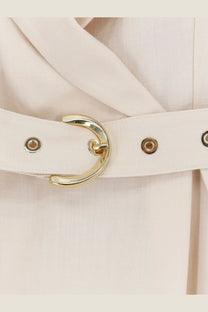 Cream-colored woven belt with gold-toned buckle and metallic eyelets for pinko women’s amandine viscose dress white