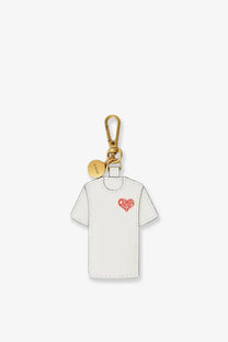 Pinko women’s white leather t-shirt-shaped keychain with red heart logo and gold-tone hardware