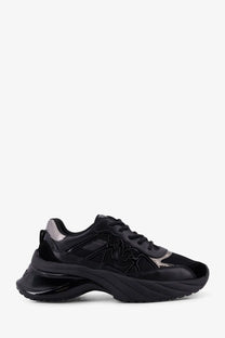Pinko women’s Ariel black leather chunky sneaker with glossy patent leather overlays and metallic silver accents