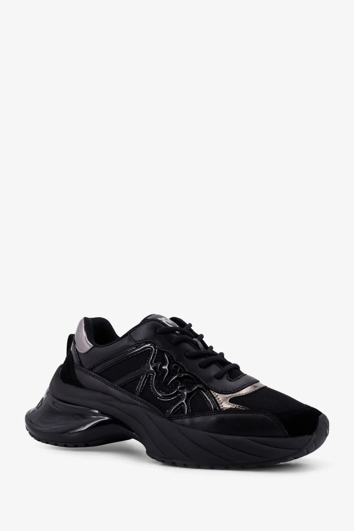 Pinko women’s Ariel black chunky sneakers with glossy patent leather mesh panels and metallic silver side logo detailing