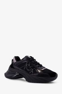 Pinko women’s Ariel black chunky sneakers with glossy patent leather mesh panels and metallic silver side logo detailing