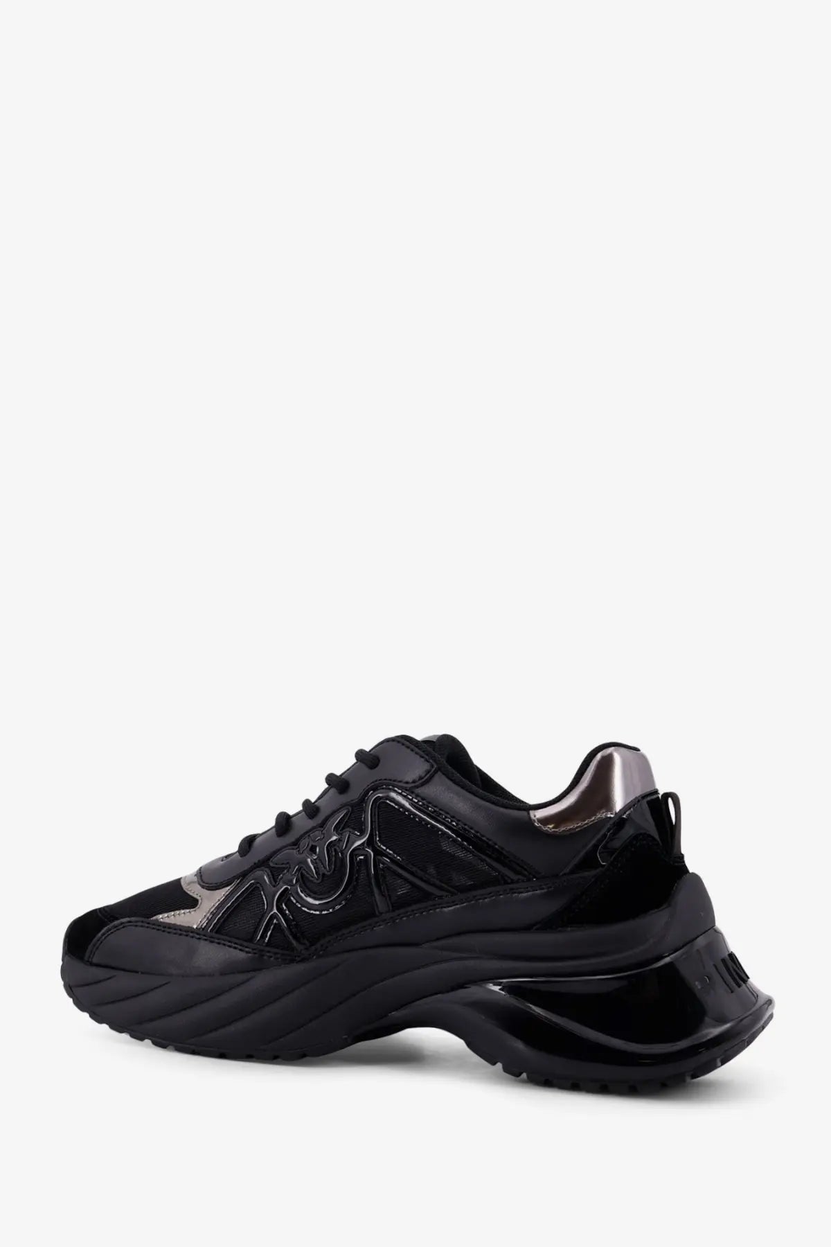 Pinko women’s Ariel black leather sneaker with silver metallic accents and a chunky sole designed for casual wear