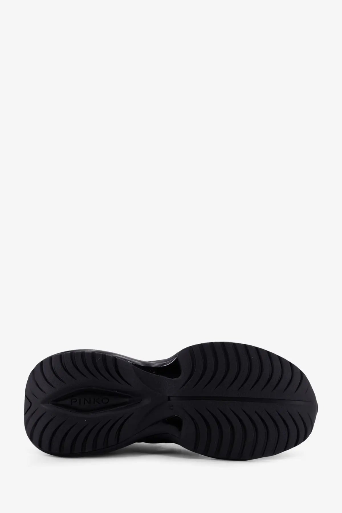 Black rubber sole with thick sculpted design and pinko logo embossed in the center of pinko women’s ariel leather sneakers