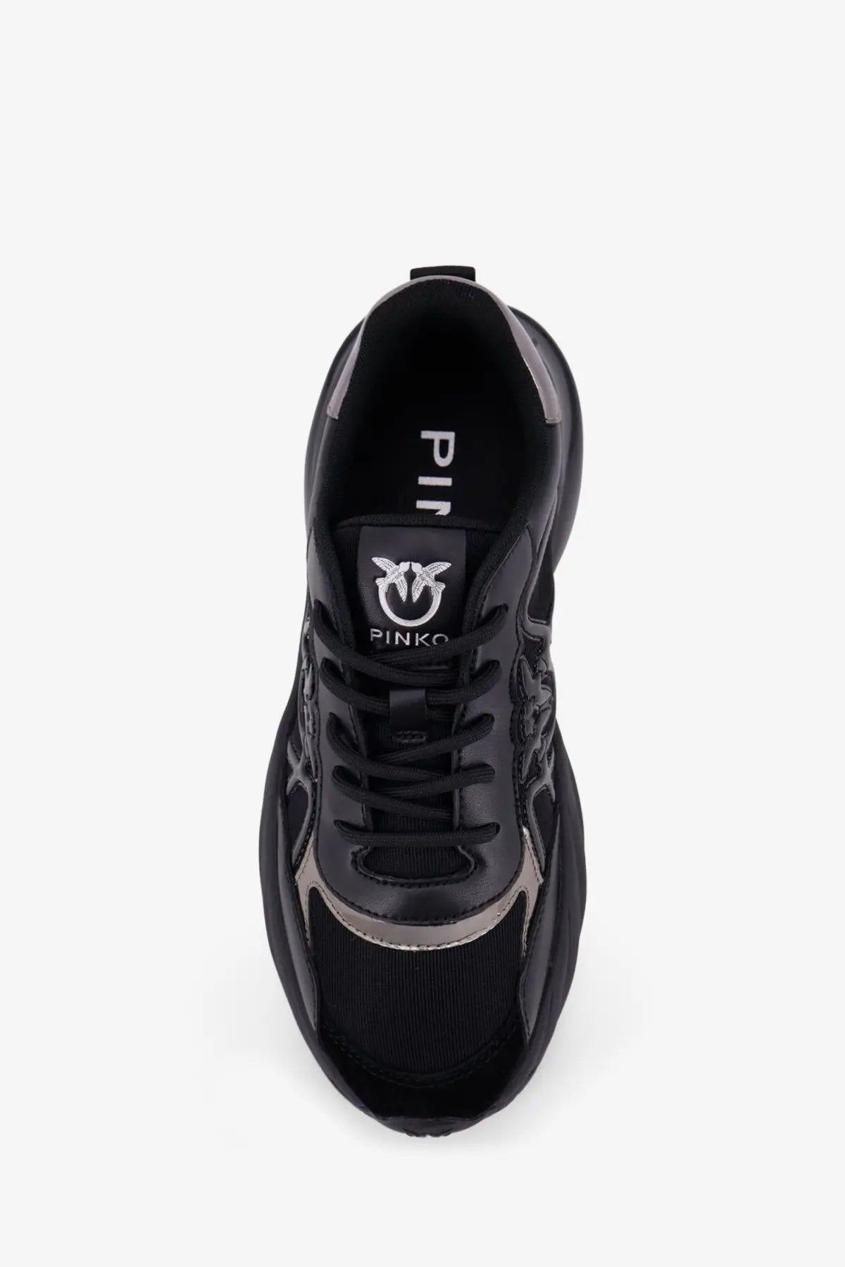 Pinko women’s ariel leather sneakers black featuring glossy patent leather and breathable mesh panels