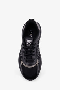 Pinko women’s ariel leather sneakers black featuring glossy patent leather and breathable mesh panels
