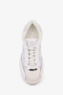 White Pinko women’s Ariel leather sneakers with silver metallic accents and chunky sole front view