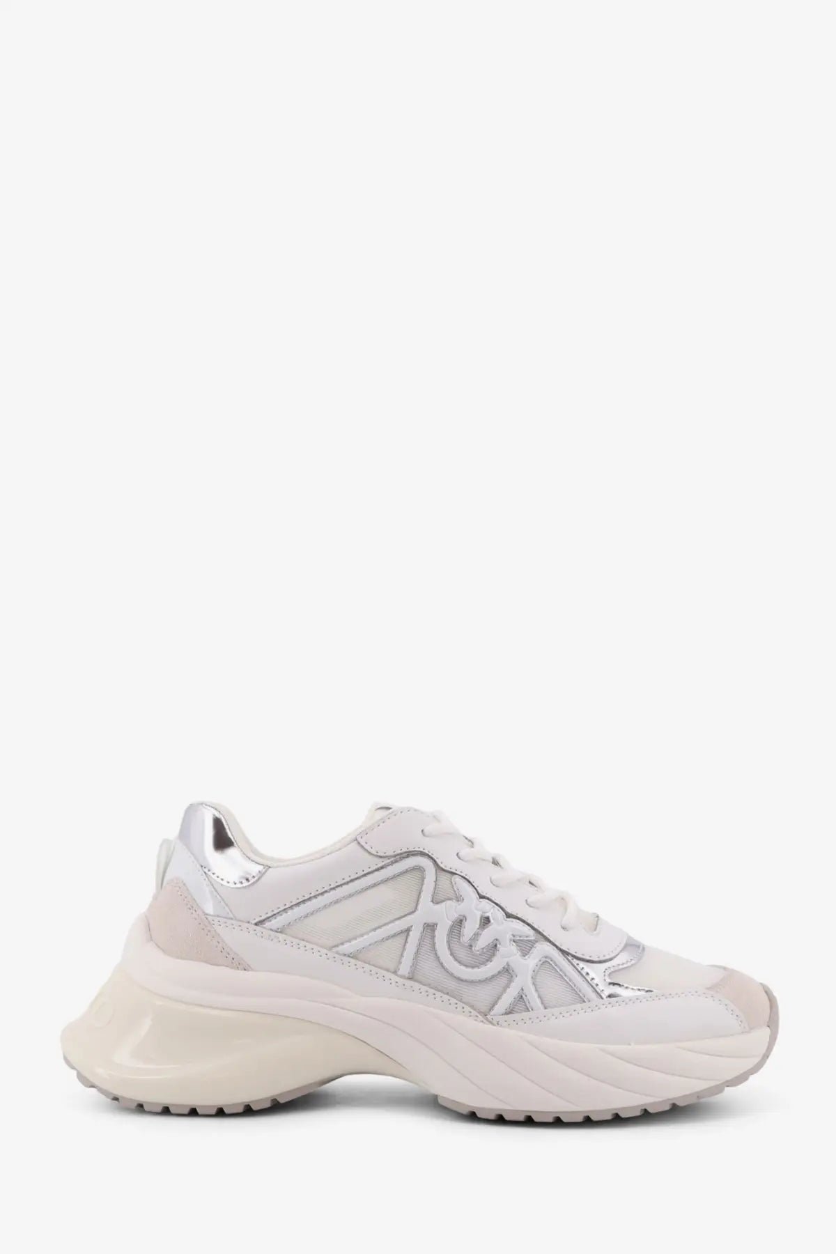 Pinko women’s Ariel leather sneakers in white with silver chunky sole and glossy metallic logo on the side