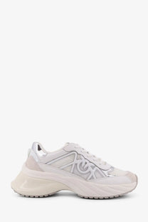 Pinko women’s Ariel leather sneakers in white with silver chunky sole and glossy metallic logo on the side