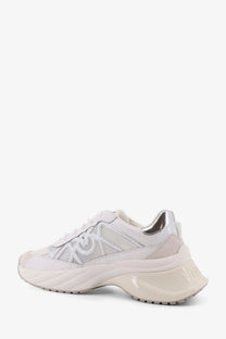 Pinko women’s Ariel white leather chunky sneaker with silver accents and glossy metallic logo on the side