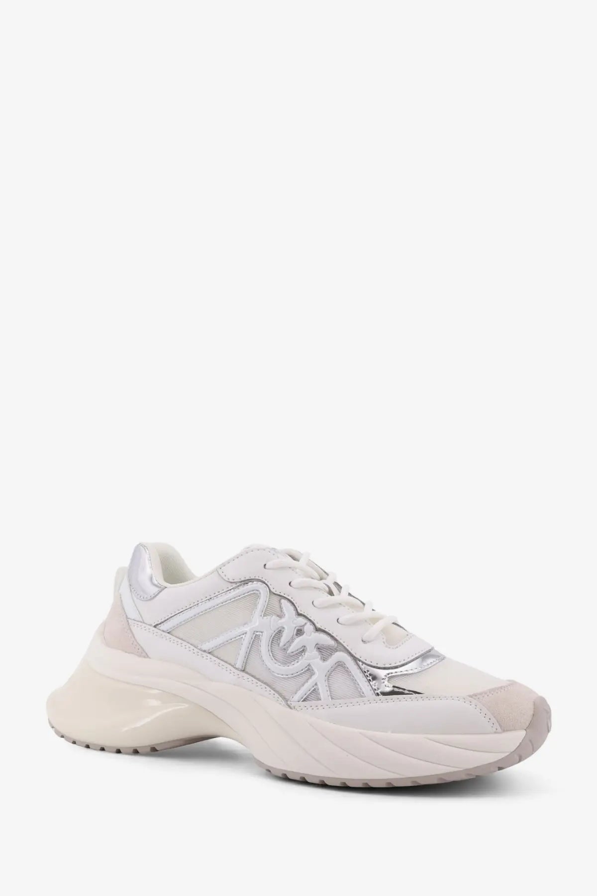 Pinko women’s Ariel leather sneakers white with white and silver chunky design mesh overlay and glossy leather accents