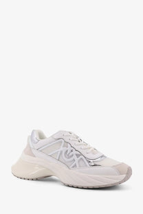 Pinko women’s Ariel leather sneakers white with white and silver chunky design mesh overlay and glossy leather accents