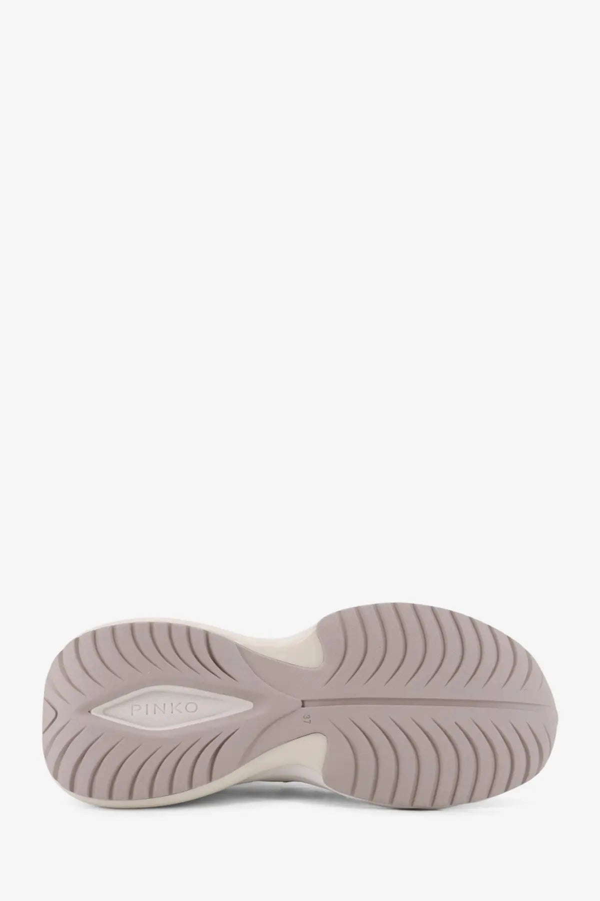 The sole of pinko women’s ariel leather sneakers white featuring a light gray rubber outsole with wavy tread patterns