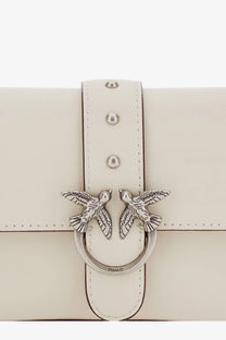 Pinko womens baby love bag white leather clutch with silver metal clasp featuring two detailed bird motifs