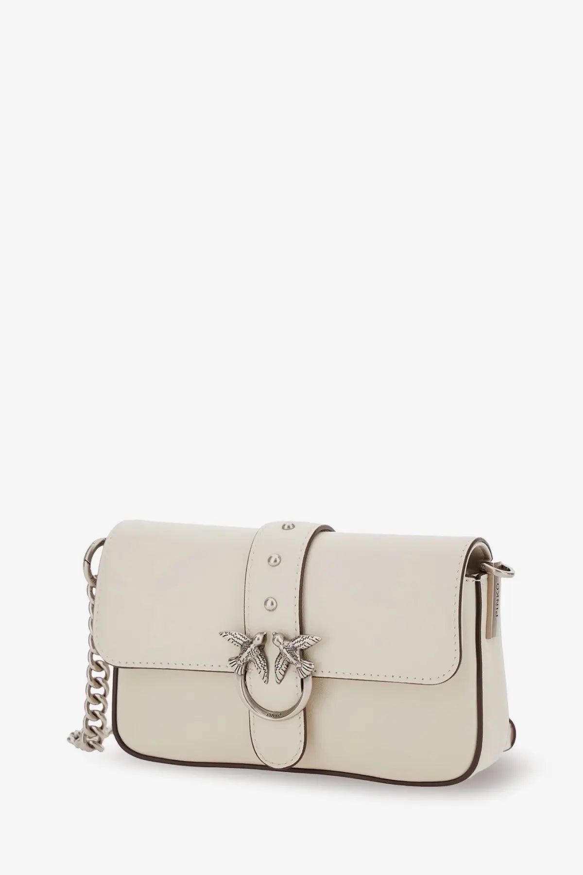 Pinko women’s baby love bag one slouchy cream leather crossbody bag with silver bird clasp and chain strap in white