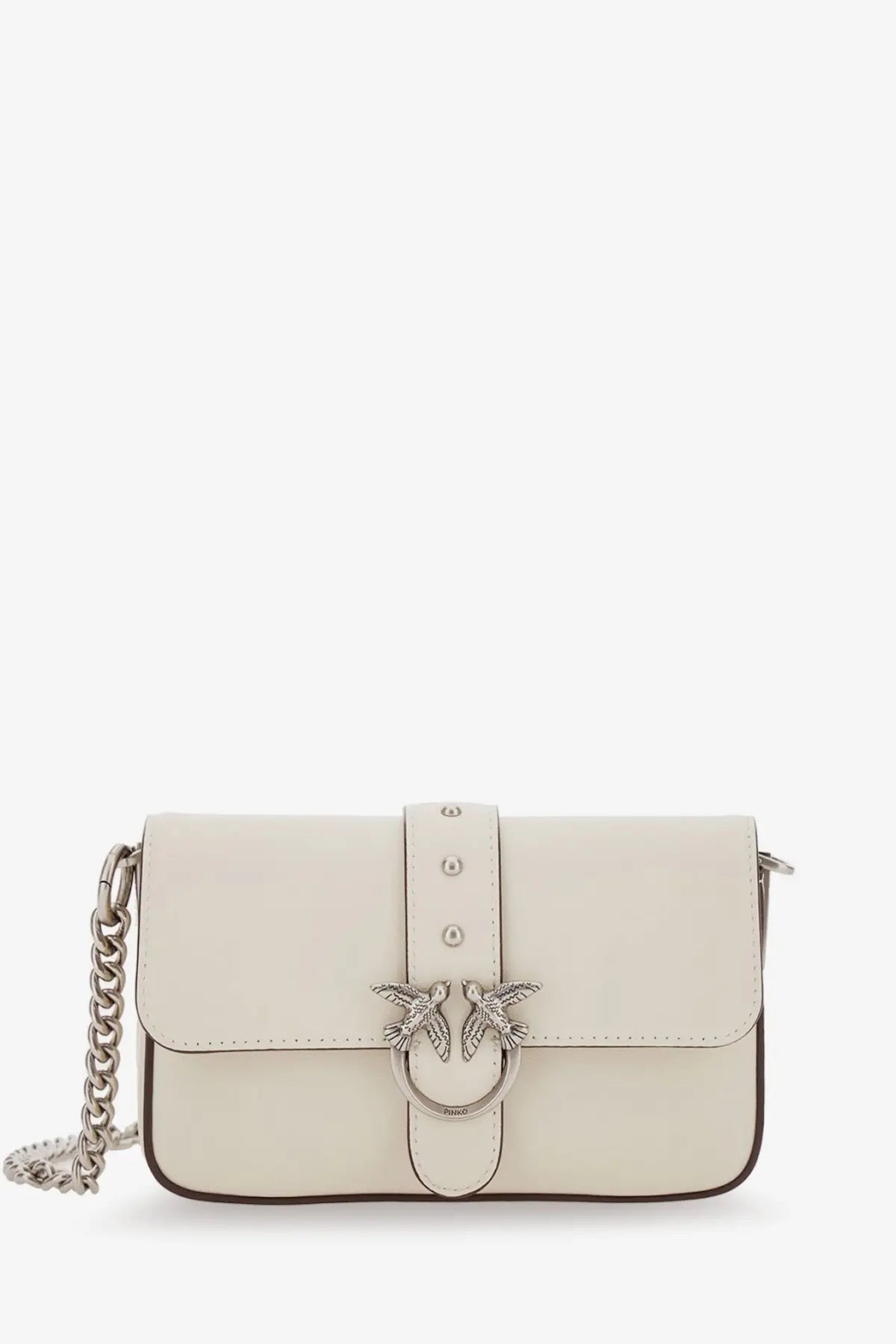 Cream-colored leather Pinko women’s baby love bag one slouchy crossbody bag with silver bird clasp and chain strap
