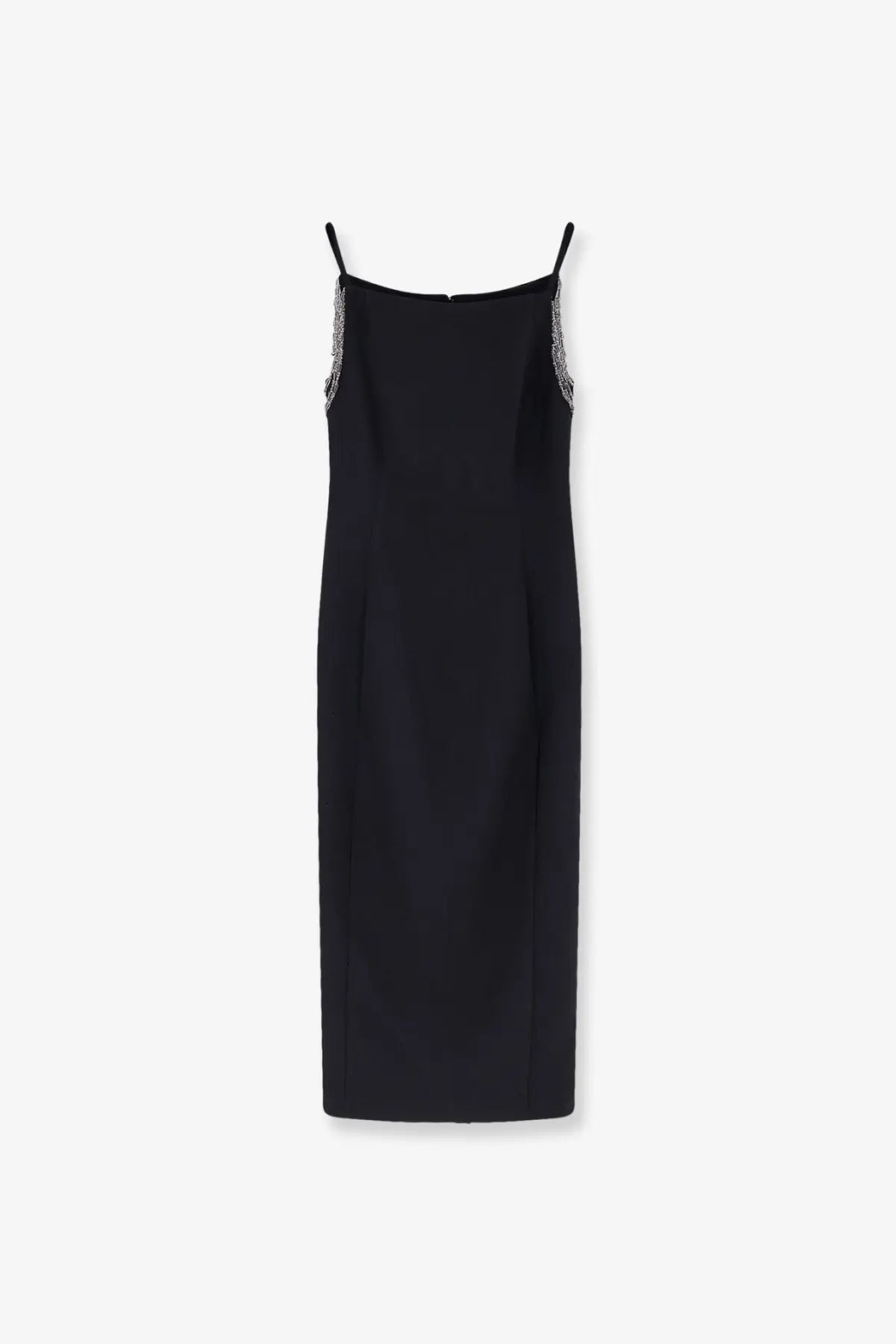 Black sleeveless midi dress by Pinko with delicate silver beaded straps perfect for elegant occasions