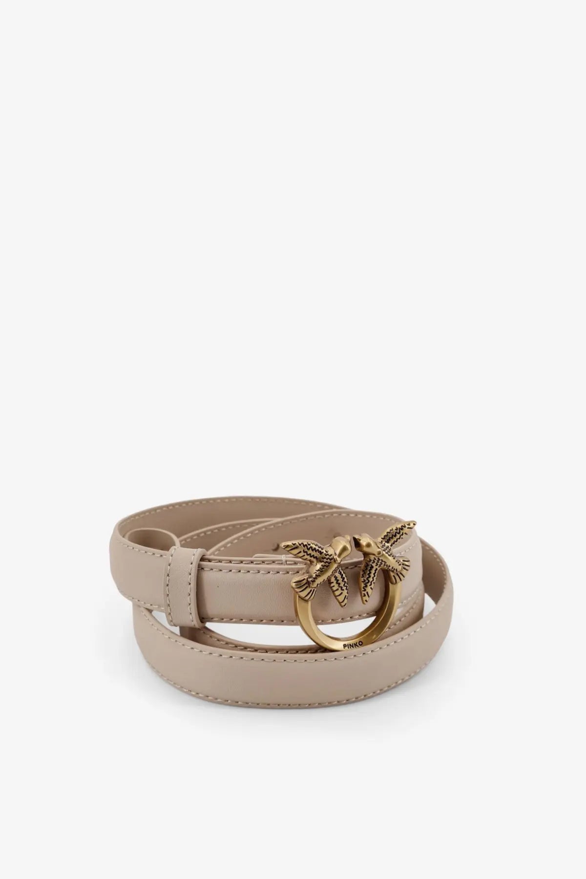 Beige leather belt with gold-tone buckle featuring two intertwined bird designs from Pinko women’s Berry collection