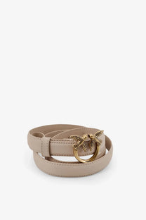 Beige leather belt with gold-tone buckle featuring two intertwined bird designs from Pinko women’s Berry collection