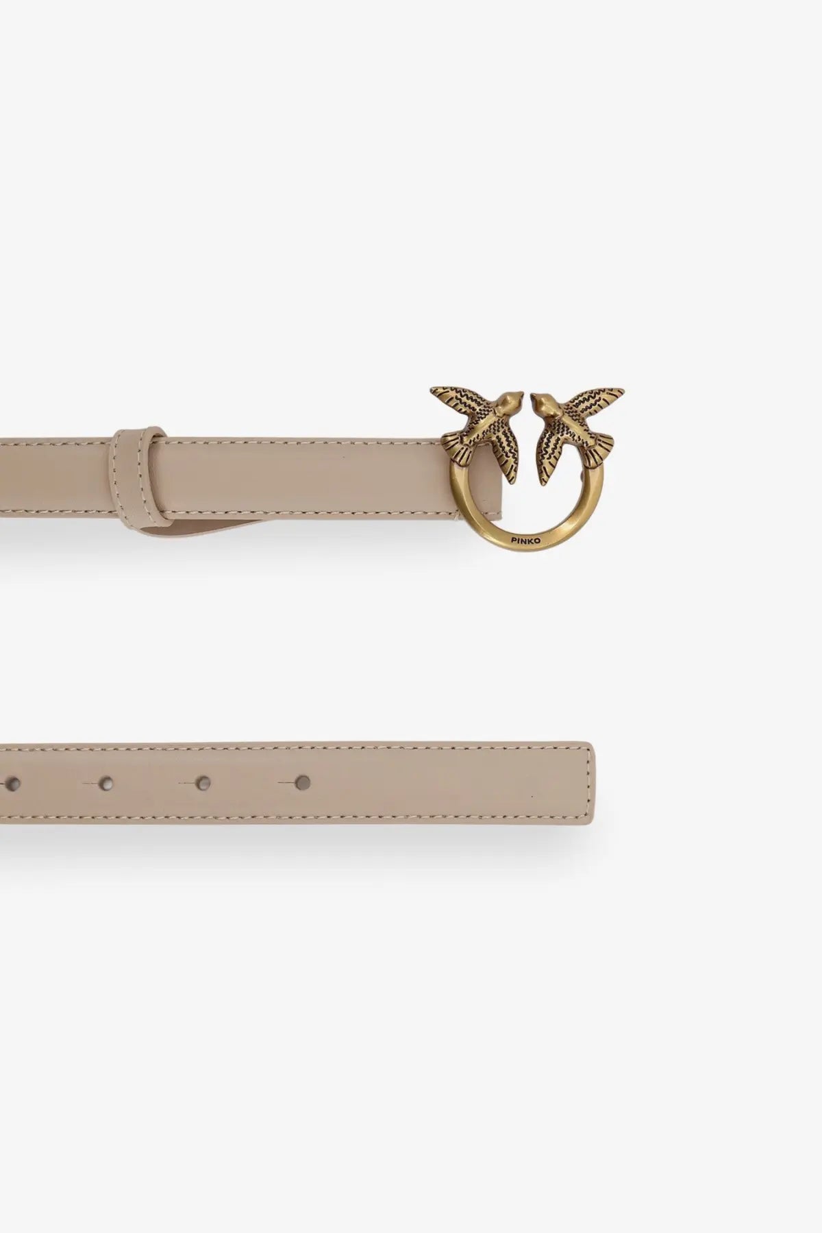 Beige leather belt for women by Pinko featuring a gold-tone buckle with two interlocking bird designs