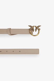Beige leather belt for women by Pinko featuring a gold-tone buckle with two interlocking bird designs