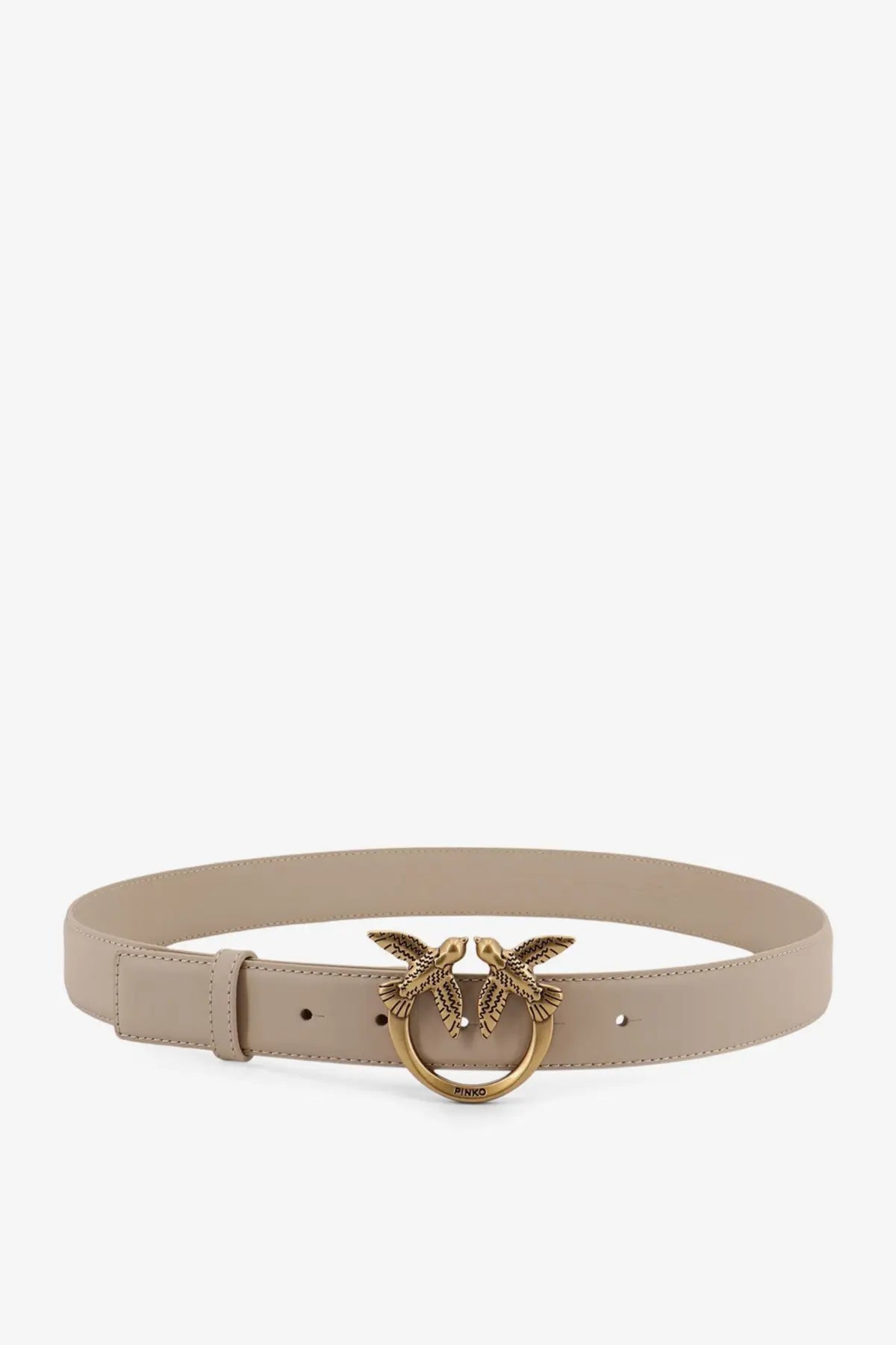 Pinko women’s berry beige leather belt with gold-tone buckle featuring two interlocking bird designs