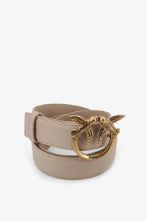 Pinko women’s berry leather belt beige with gold-tone buckle featuring two intricately detailed birds in flight