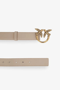Pinko women’s berry beige leather belt with gold-tone buckle featuring two interlocking bird designs