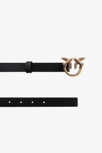 Pinko women’s berry black leather belt with gold-tone buckle featuring two intertwined bird designs
